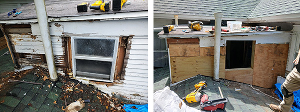 A before-and-after comparison showcasing a weathered building area being repaired, with damaged siding replaced by wooden boards.